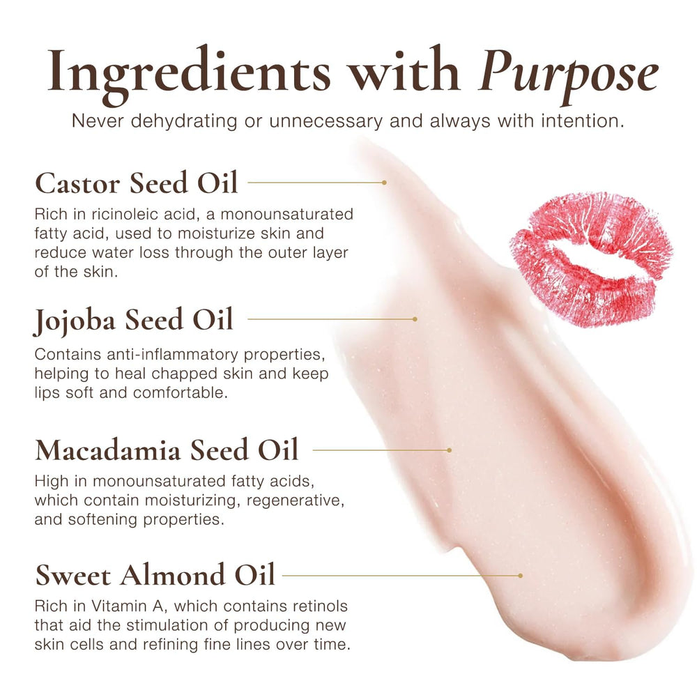 Sara Happ balm applied on lips illustrating silky shine and immediate comfort