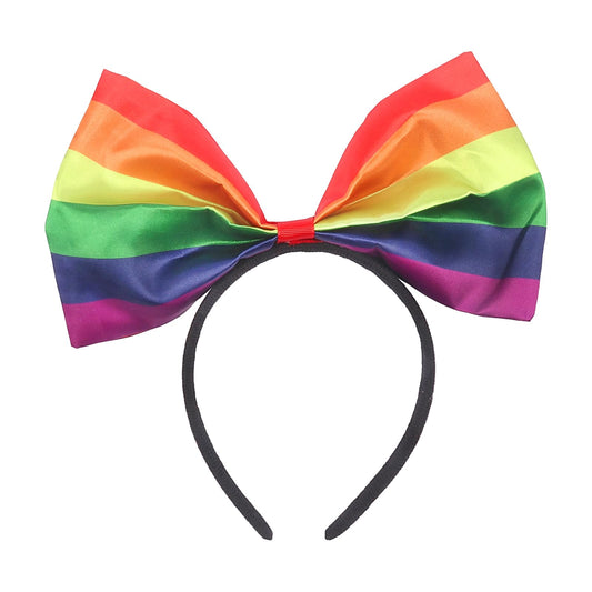 SARATA front view rainbow bow headband shows bold colors and polished look