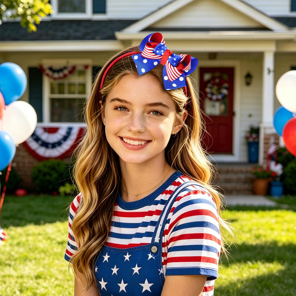 SARATA headband styled with patriotic outfit for easy coordinated celebration