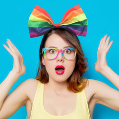 SARATA headband in pride parade styling adds festive color to outfit