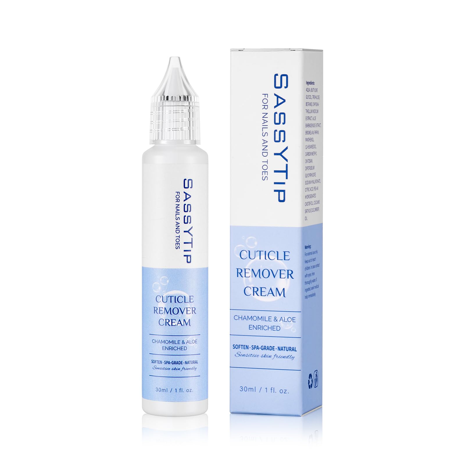 SASSYTIP front packaging showing clear cuticle remover bottle and benefits