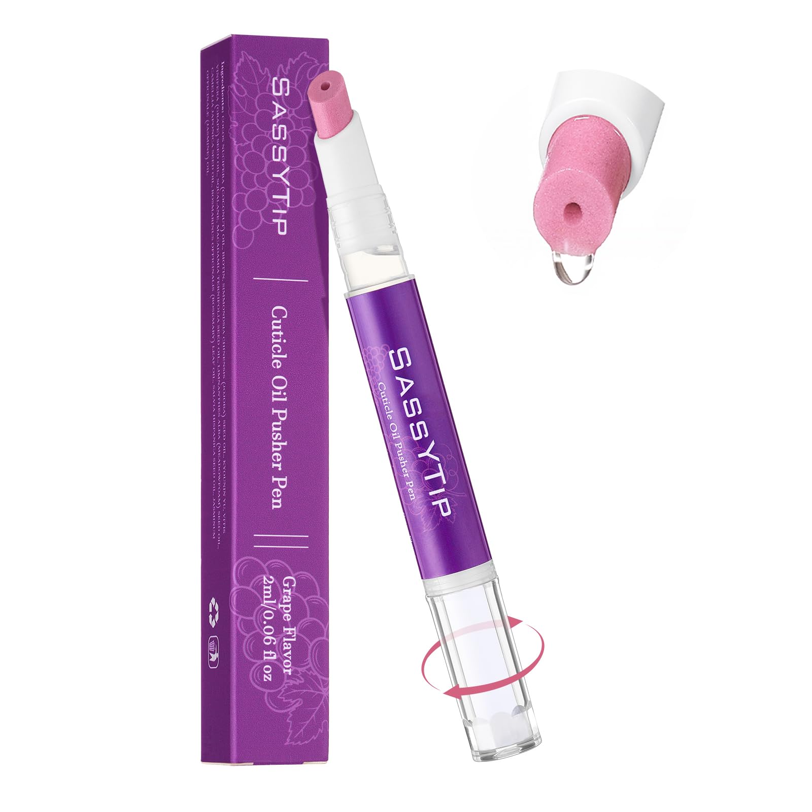 SASSYTIP front packaging showing grape scent and compact pen, convenient travel-ready