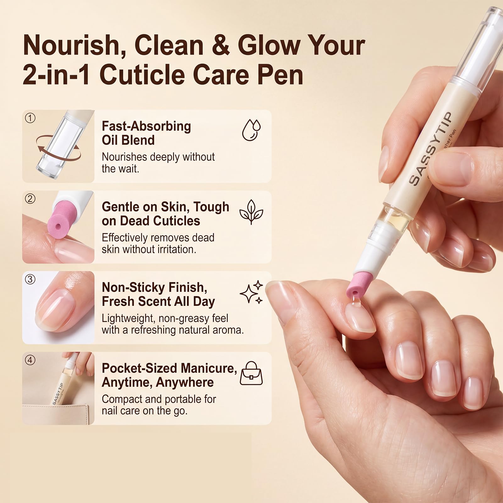 SASSYTIP oil dispensing from pen tip for precise, mess-free application
