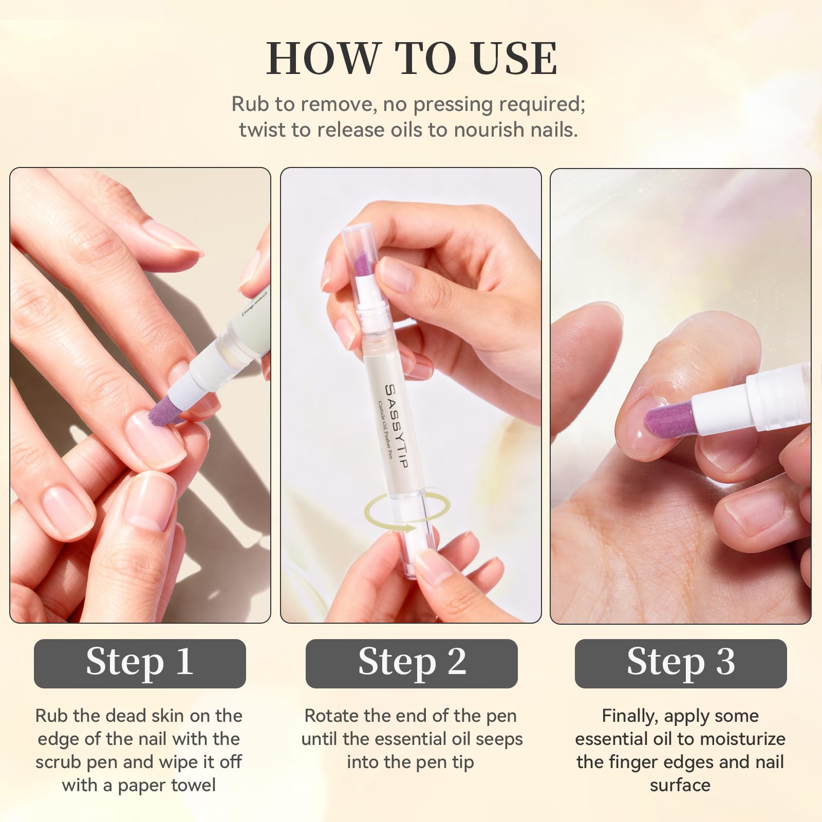 SASSYTIP oil drop on fingertip showing quick-absorbing, non-greasy moisturizing texture
