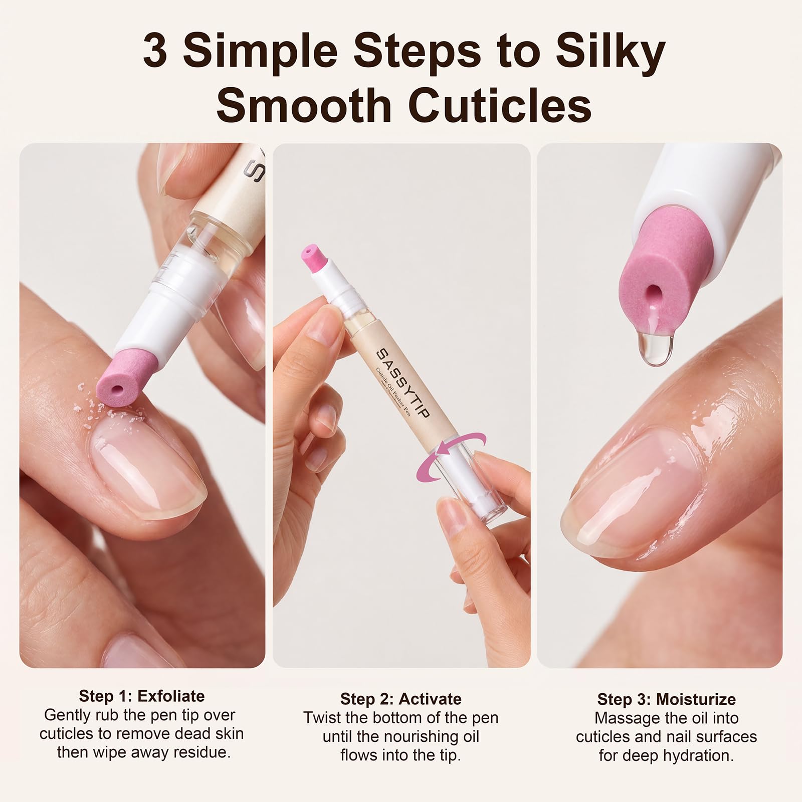 SASSYTIP pen inside a purse for on-the-go cuticle maintenance benefit