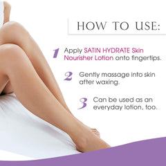 SATIN SMOOTH applying lotion to forearm demonstrating soothing post-wax comfort
