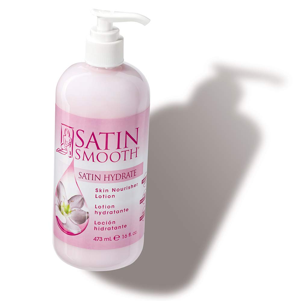SATIN SMOOTH front packaging showing 16 fl oz bottle and clear label, calming after-wax care
