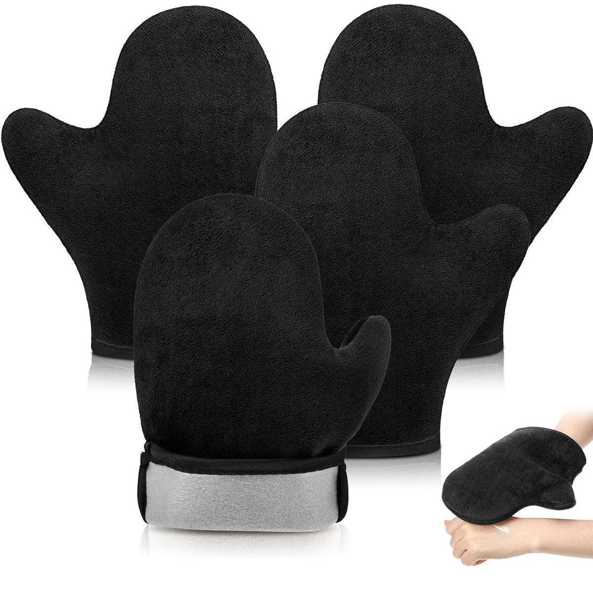 SATINIOR front view of four black mitts showing neat packaging and ready use