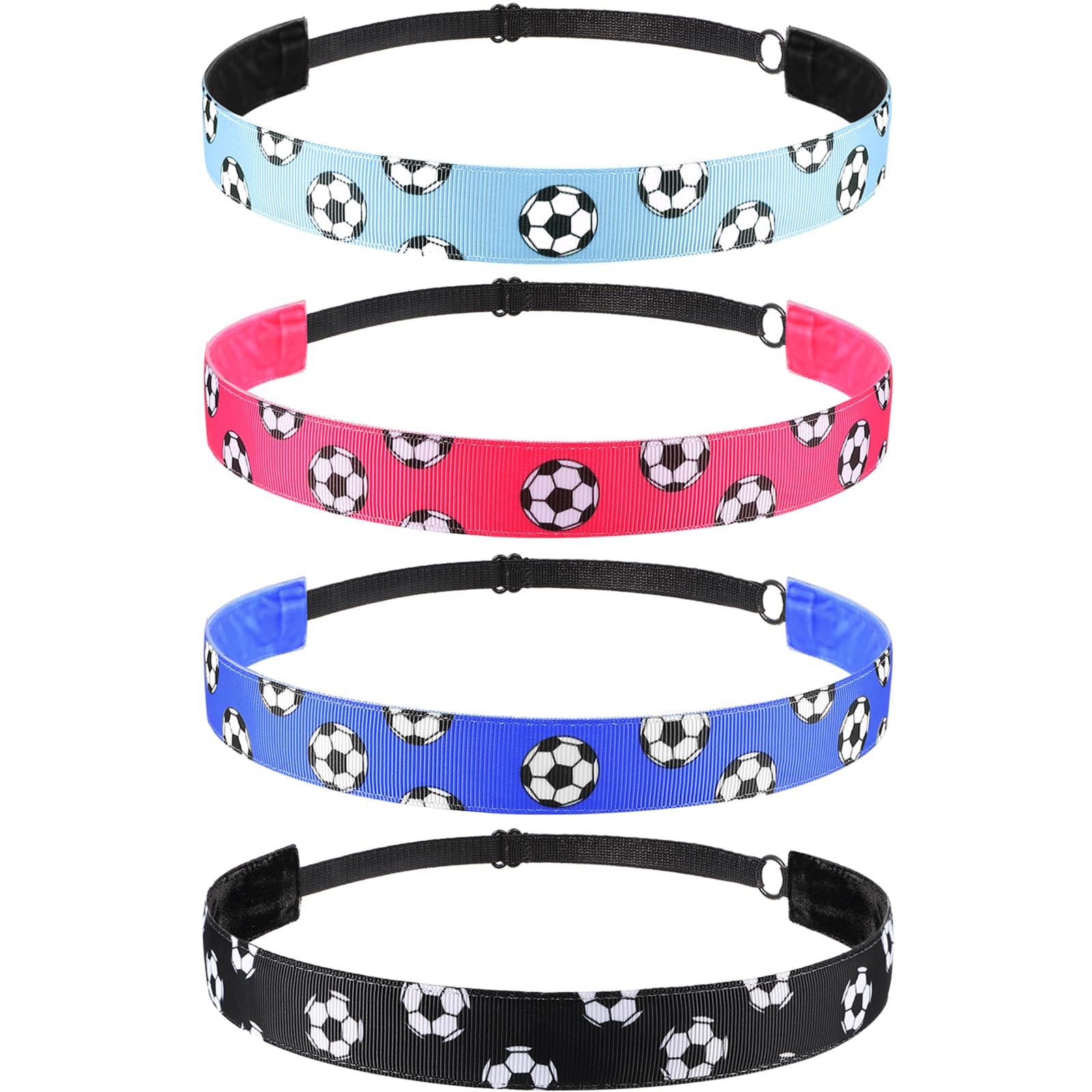 SATINIOR front view of four headbands showing colors and sports design, adds coordinated style