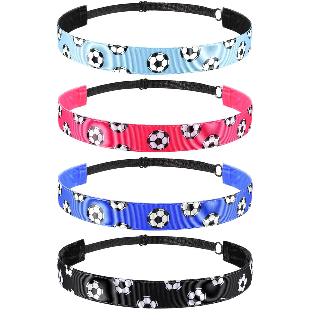 SATINIOR front view of four headbands showing colors and sports design, adds coordinated style