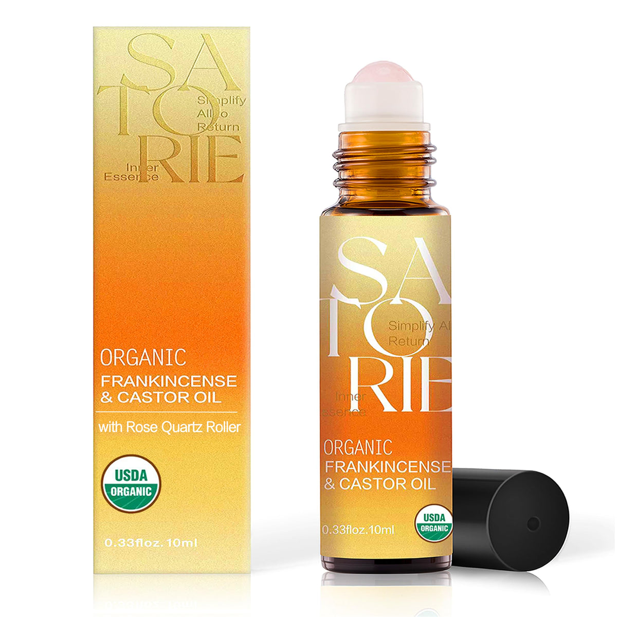 Satorie amber bottle front view showing premium packaging and protection