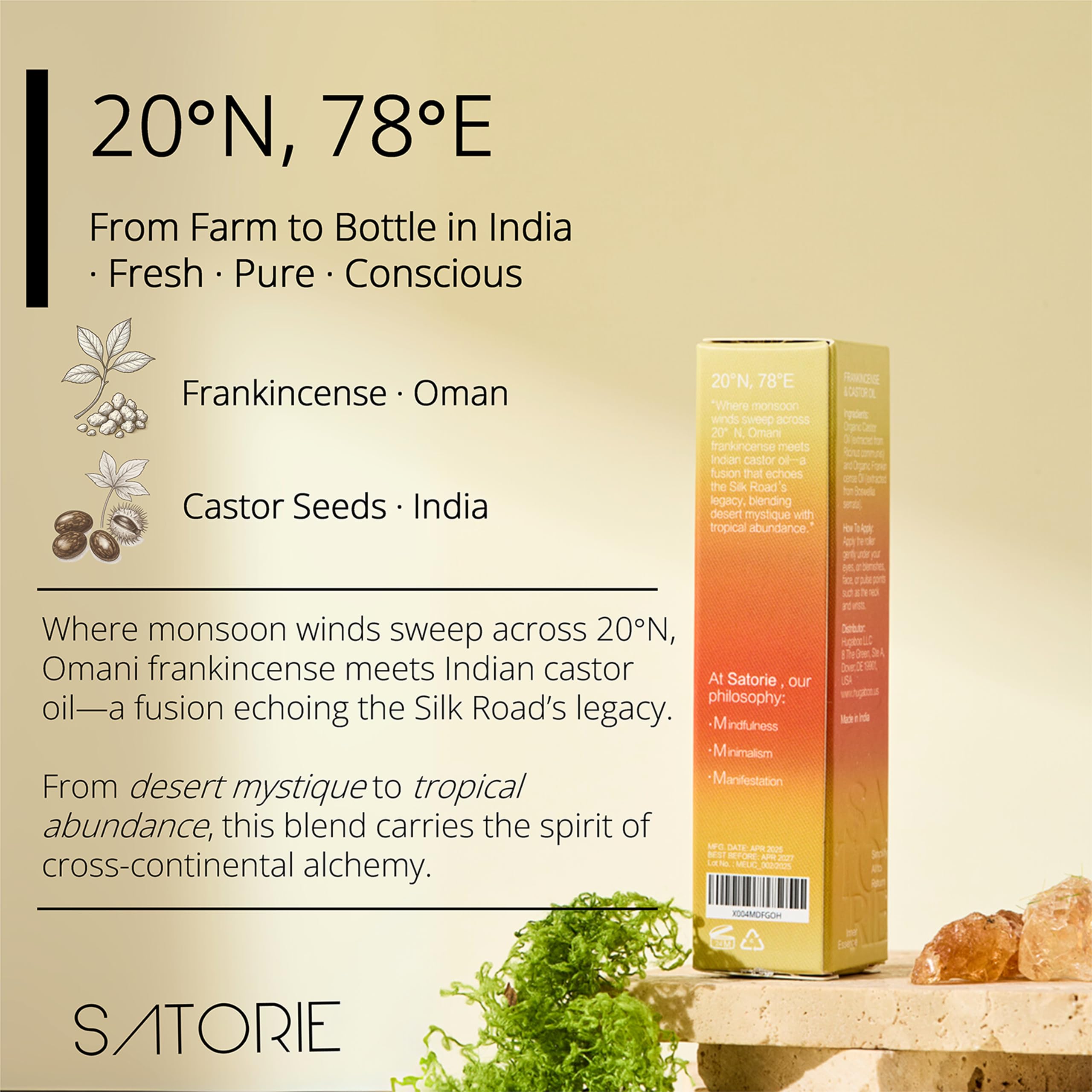 Satorie bottle beside a coin showing compact, travel-friendly size