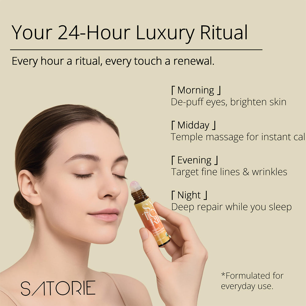 Satorie oil texture on fingertip showing rich, moisturizing consistency