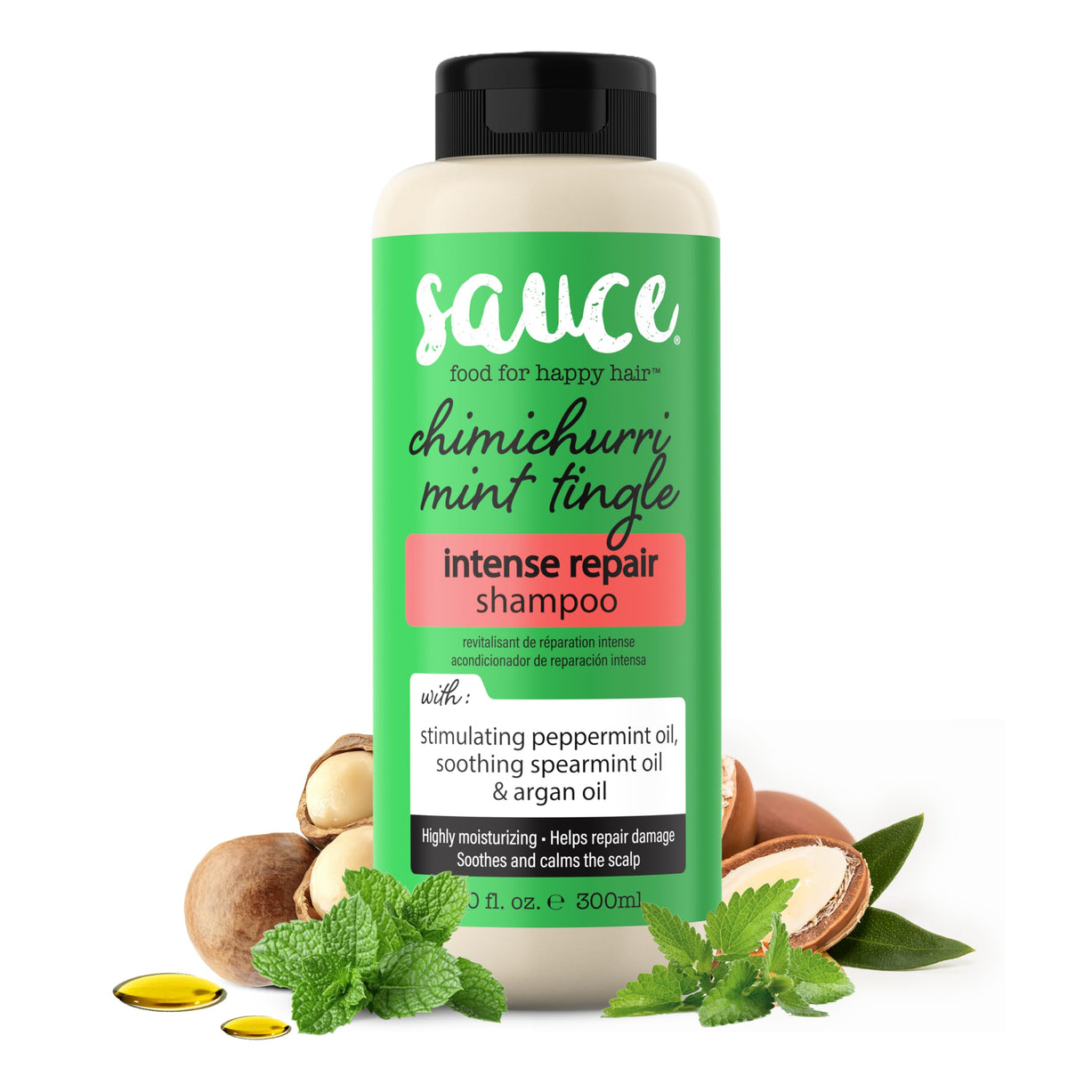 SAUCE BEAUTY front bottle showing chimichurri mint label and size benefit