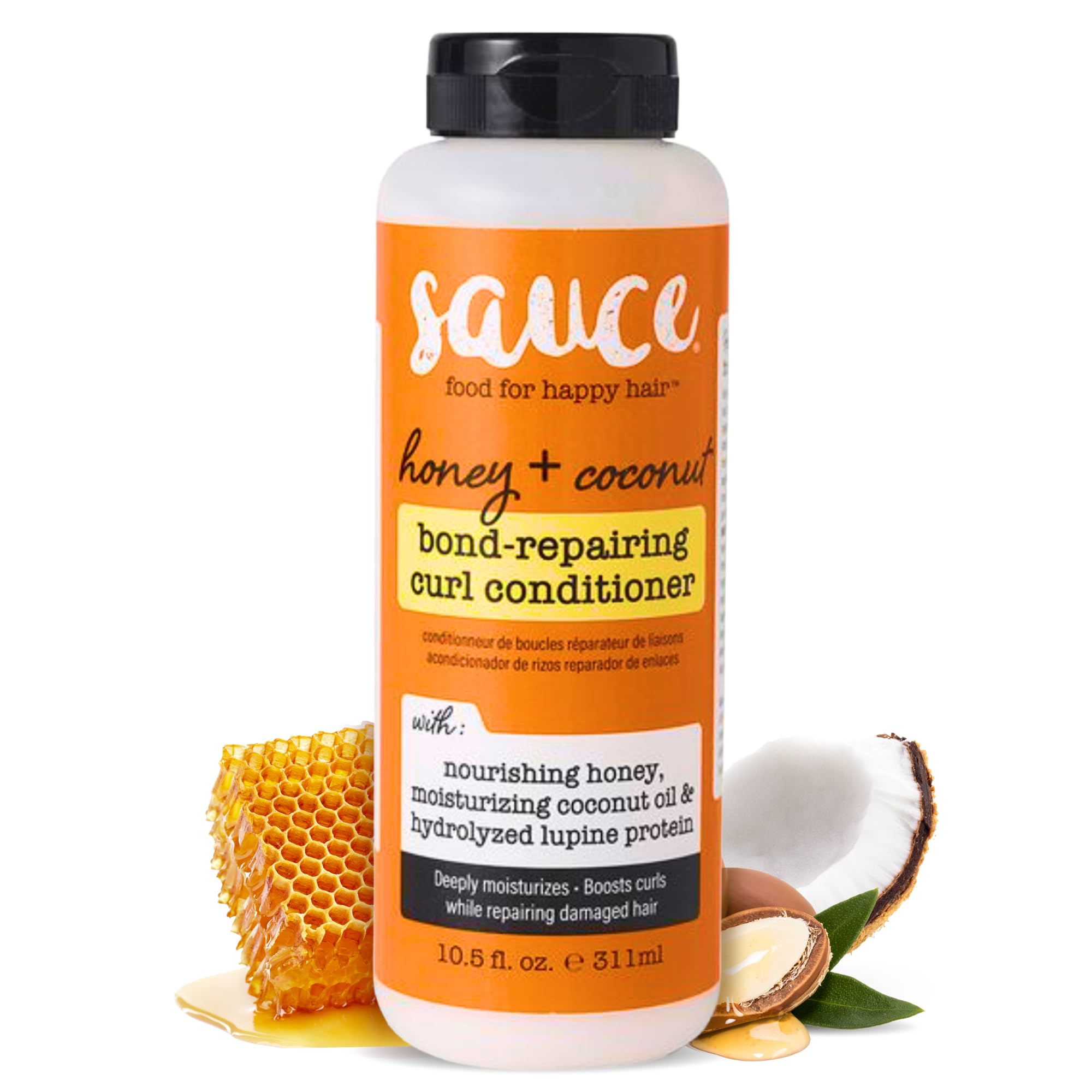 SAUCE BEAUTY front bottle showing honey coconut conditioner benefits