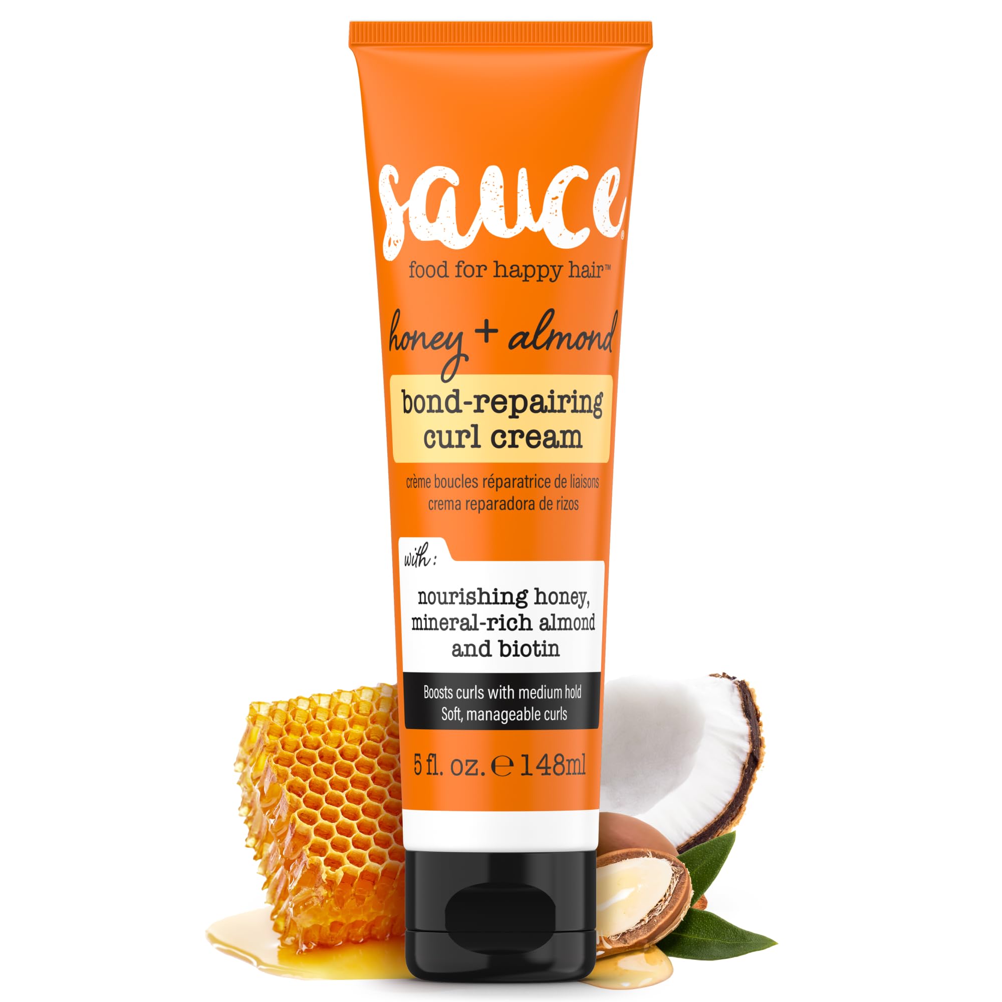 SAUCE BEAUTY front jar showing honey almond curl cream benefits