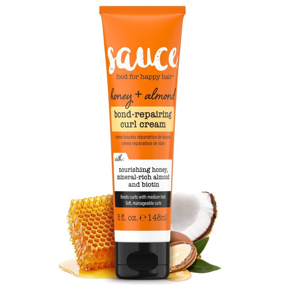 SAUCE BEAUTY front jar showing honey almond curl cream benefits