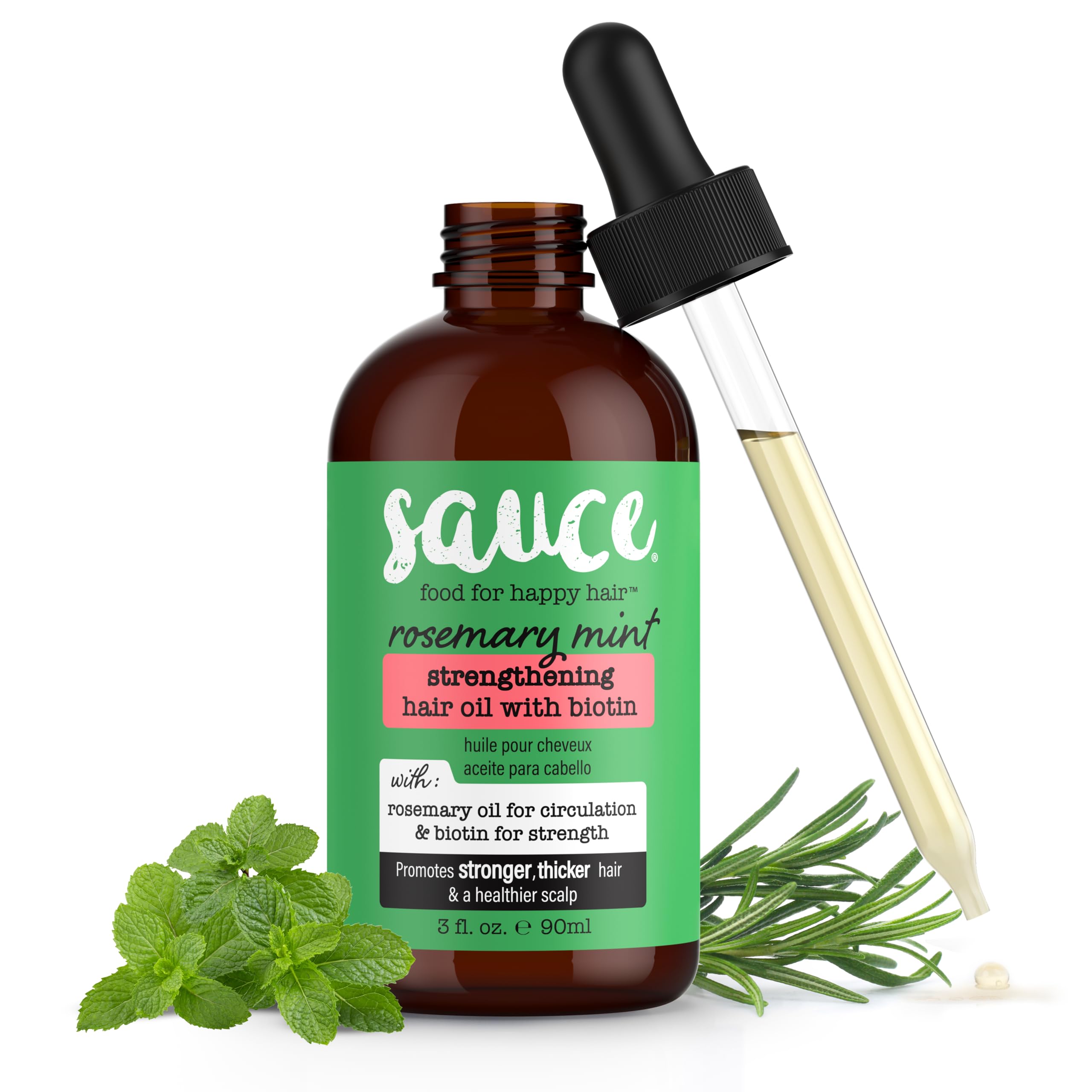 SAUCE BEAUTY front bottle shot showing rosemary mint oil with clear benefits