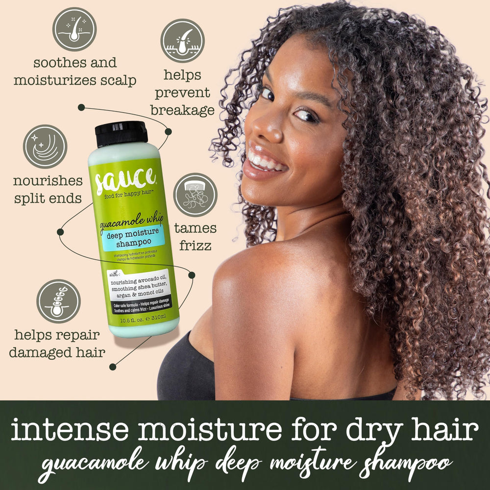 SAUCE BEAUTY creamy whipped shampoo texture close-up demonstrating rich moisture