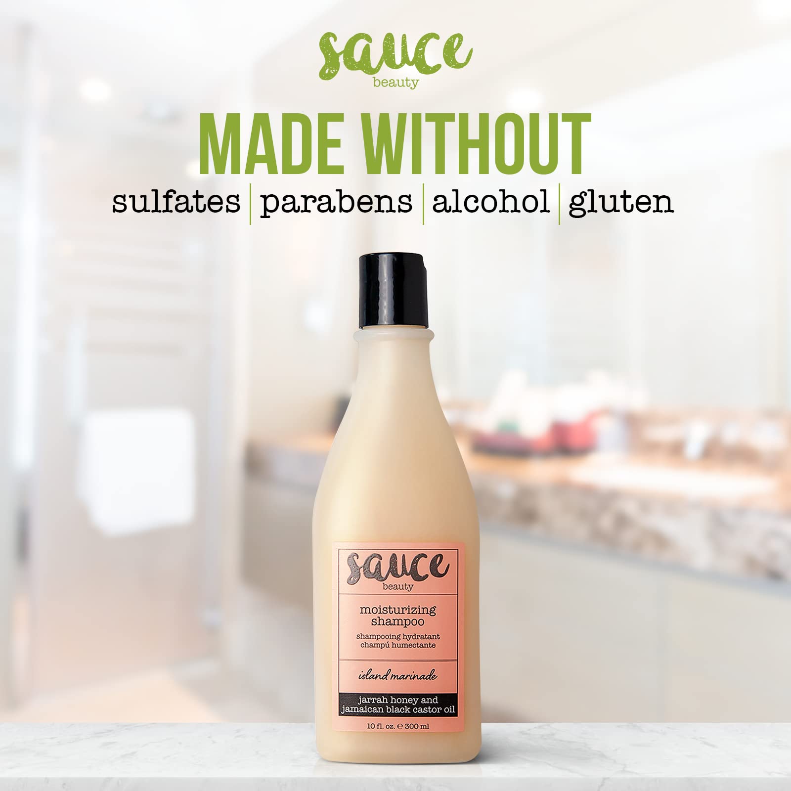 SAUCE BEAUTY shampoo in bathroom setting showing easy everyday use
