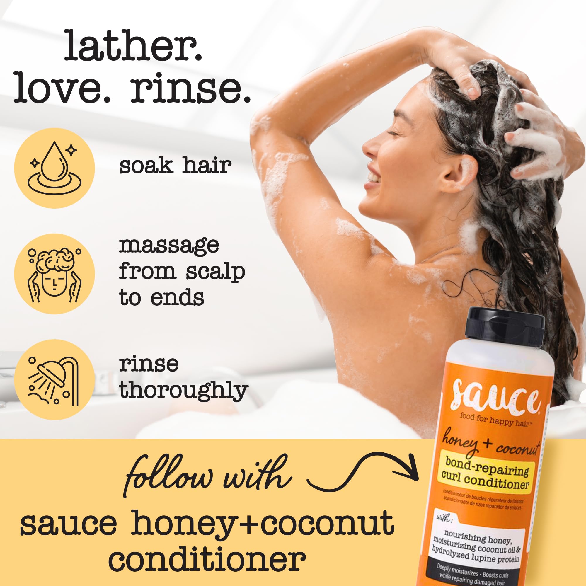 SAUCE BEAUTY bottle on shower shelf illustrating easy daily use benefit