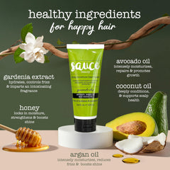 SAUCE applying mask to damp hair, demonstrates easy use and improved manageability