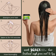 SAUCE being applied to damp hair demonstrating easy coverage and frizz control