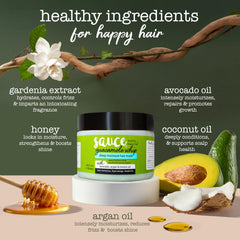 SAUCE jar in hand to show 12 fl oz scale and portable, luxe treatment benefit