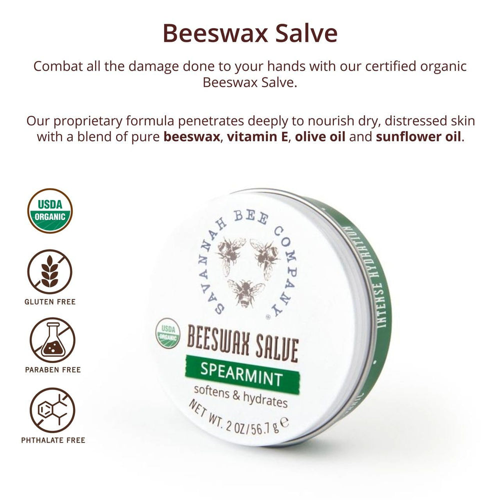 Savannah Bee Company salve being applied to hands to soften cuticles and skin