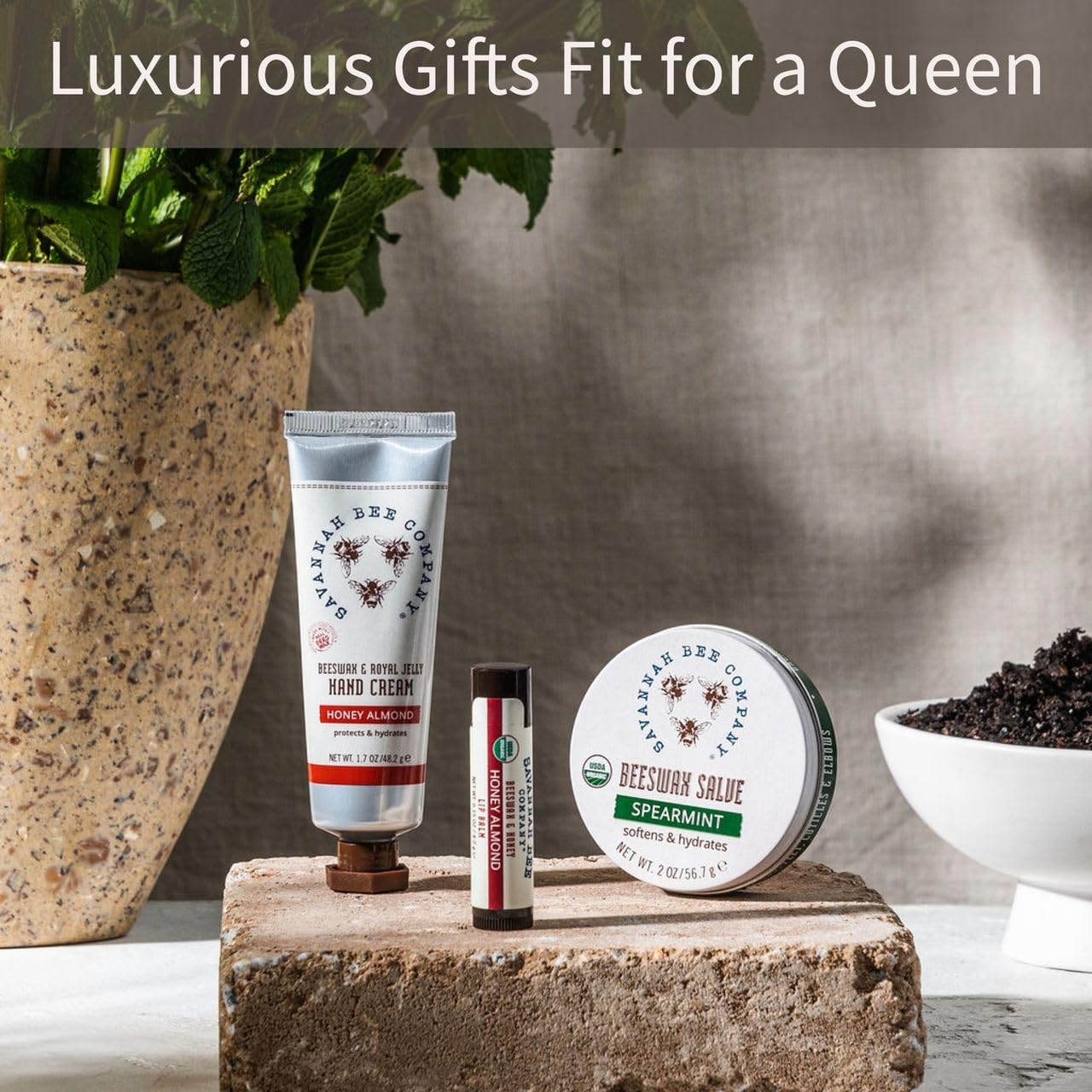 Savannah Bee Company hand cream on bathroom counter for daily care routine