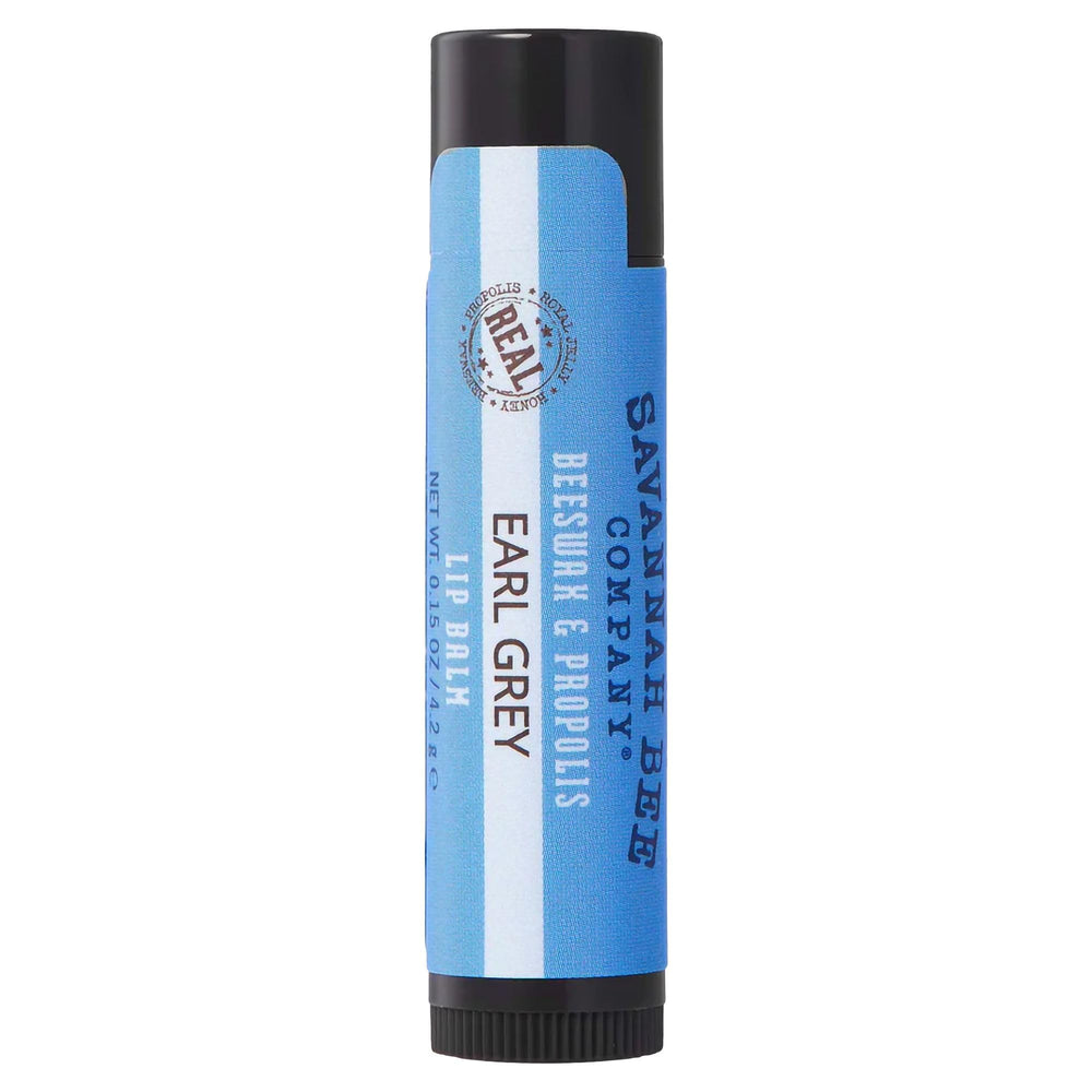 Savannah Bee Company lip balm tube front showing branding and compact size benefit