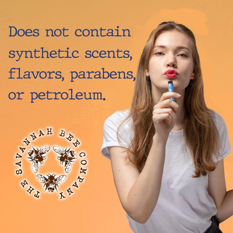Packaging front label of Savannah Bee Company lip balm showing ingredient clarity benefit