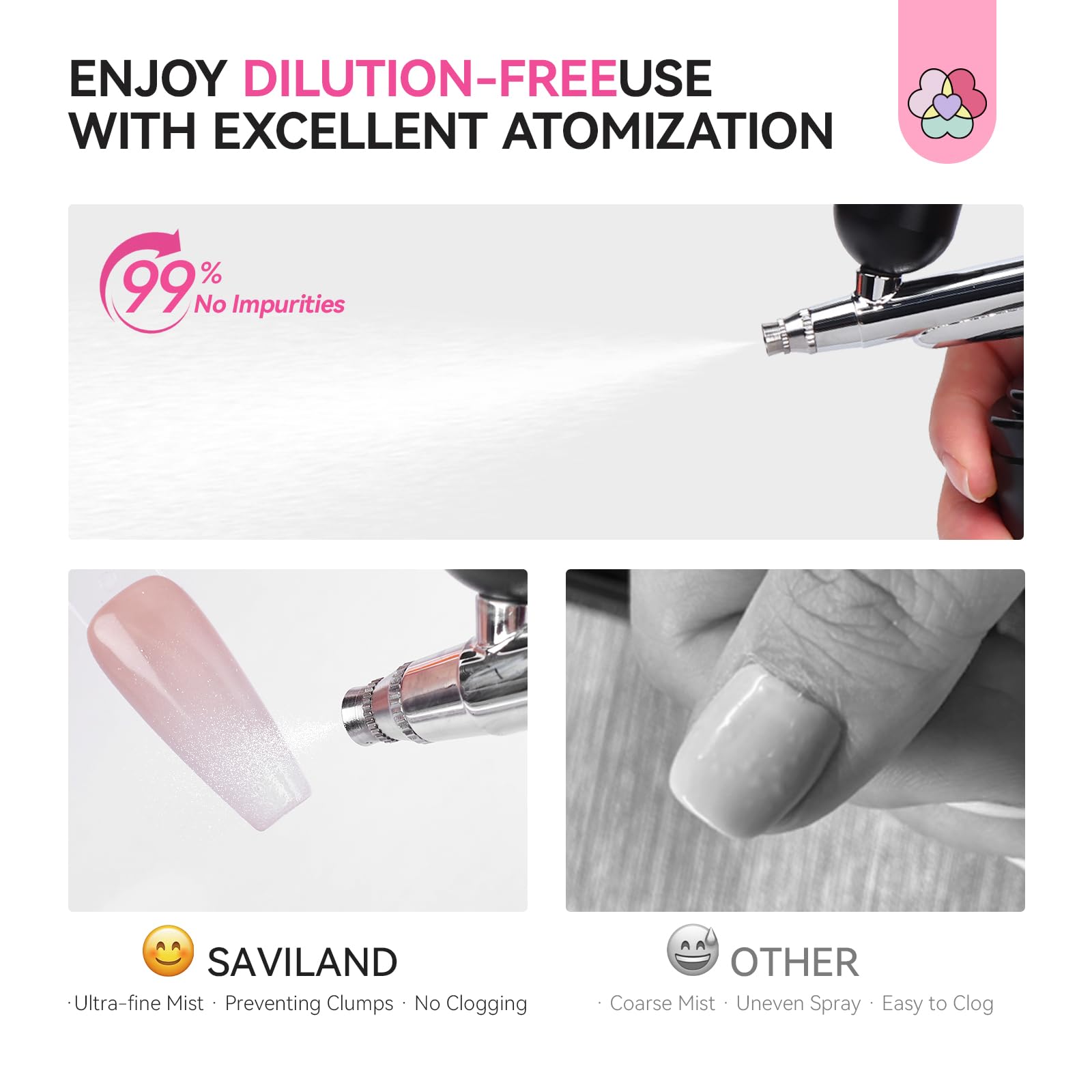 SAVILAND airbrush in use spraying white polish, demonstrating fine mist and even coverage