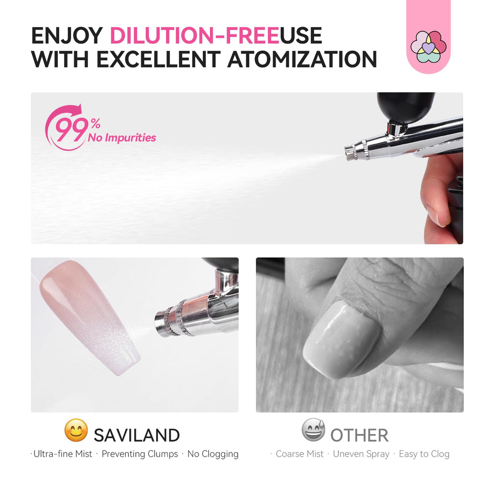 SAVILAND airbrush in use spraying white polish, demonstrating fine mist and even coverage