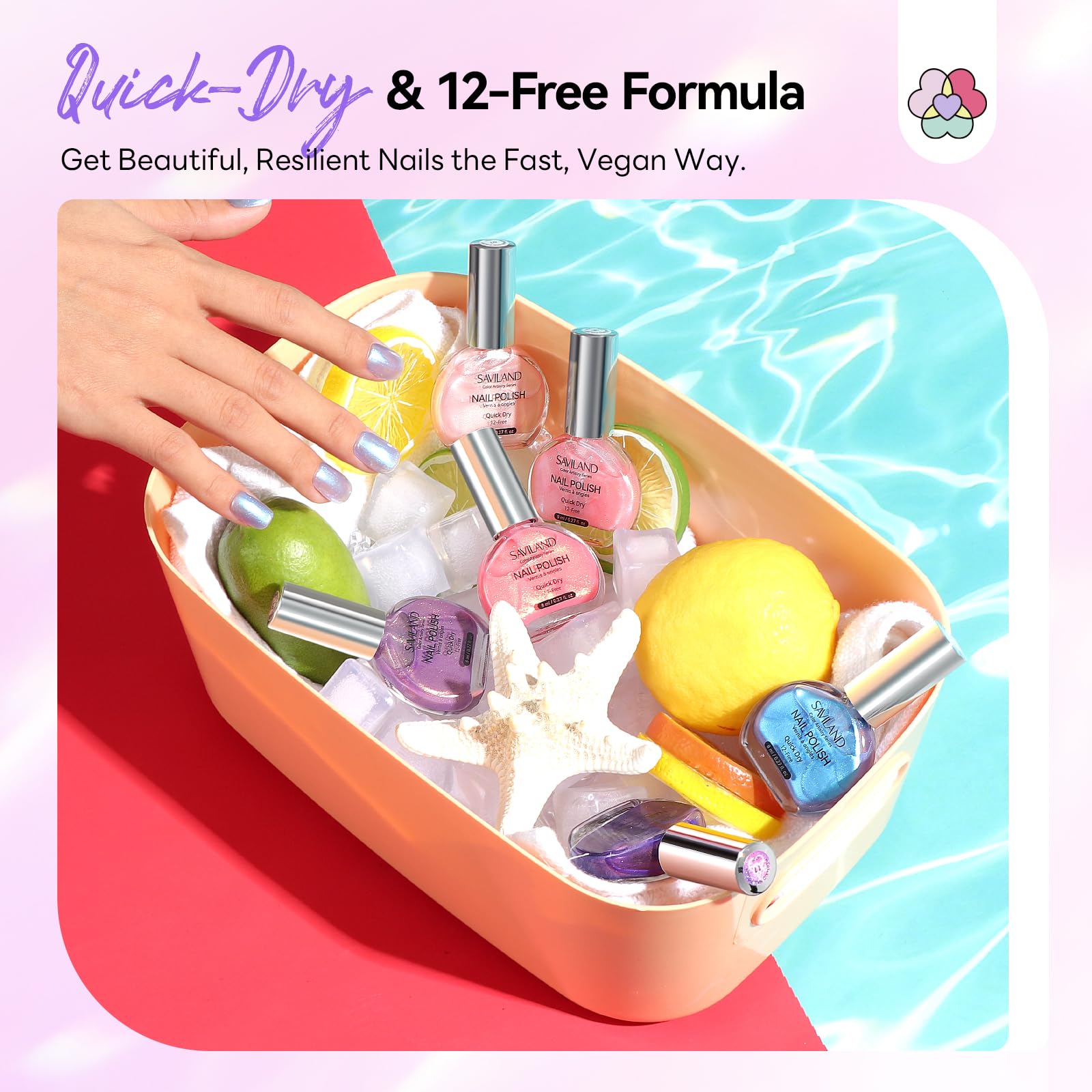 SAVILAND applied on fingernails in lifestyle scene illustrating fast dry convenience