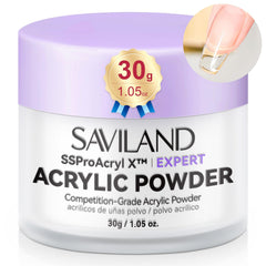 SAVILAND jar front view showing clear acrylic powder and professional packaging benefit