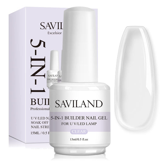 SAVILAND clear builder gel front bottle showing product and label benefit build
