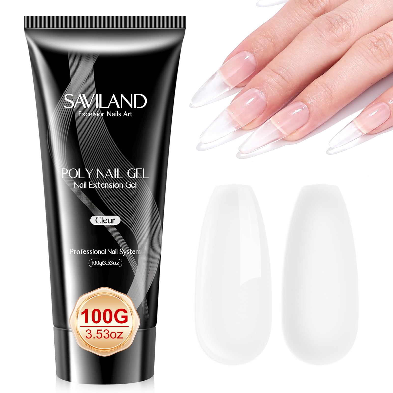 SAVILAND front tub showing clear poly gel and 100g label, highlights value