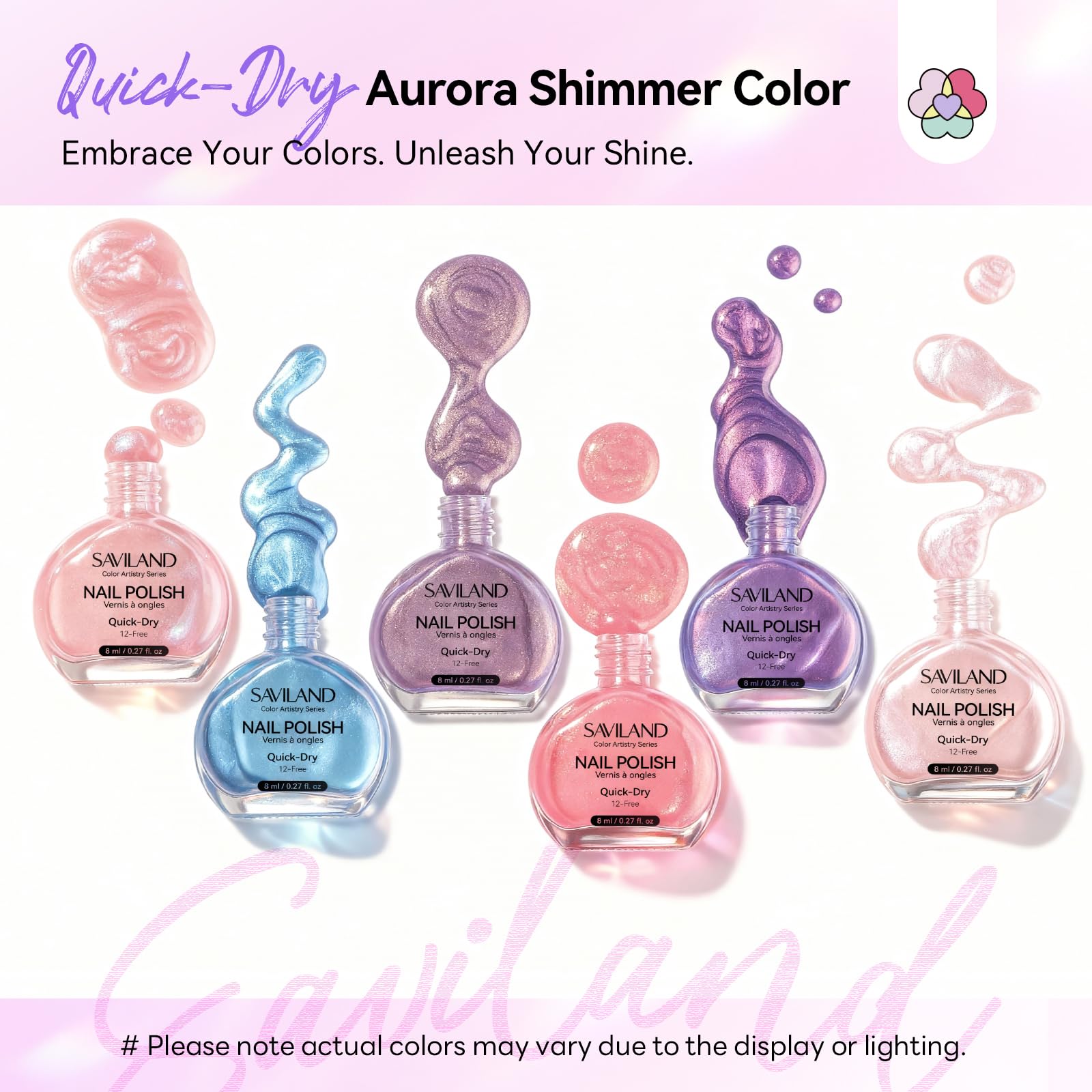 SAVILAND color swatch nail wheel displaying six pearlescent hues for creative layering