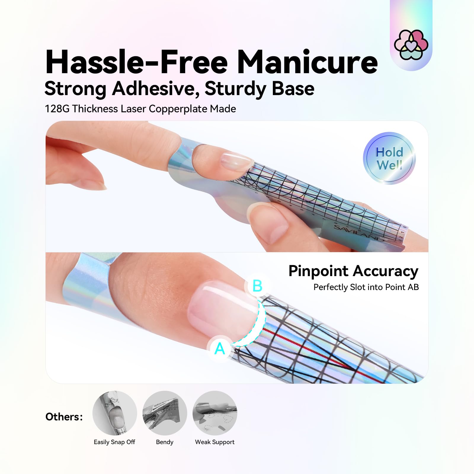 SAVILAND form placed on finger showing scale, supports long extensions benefit