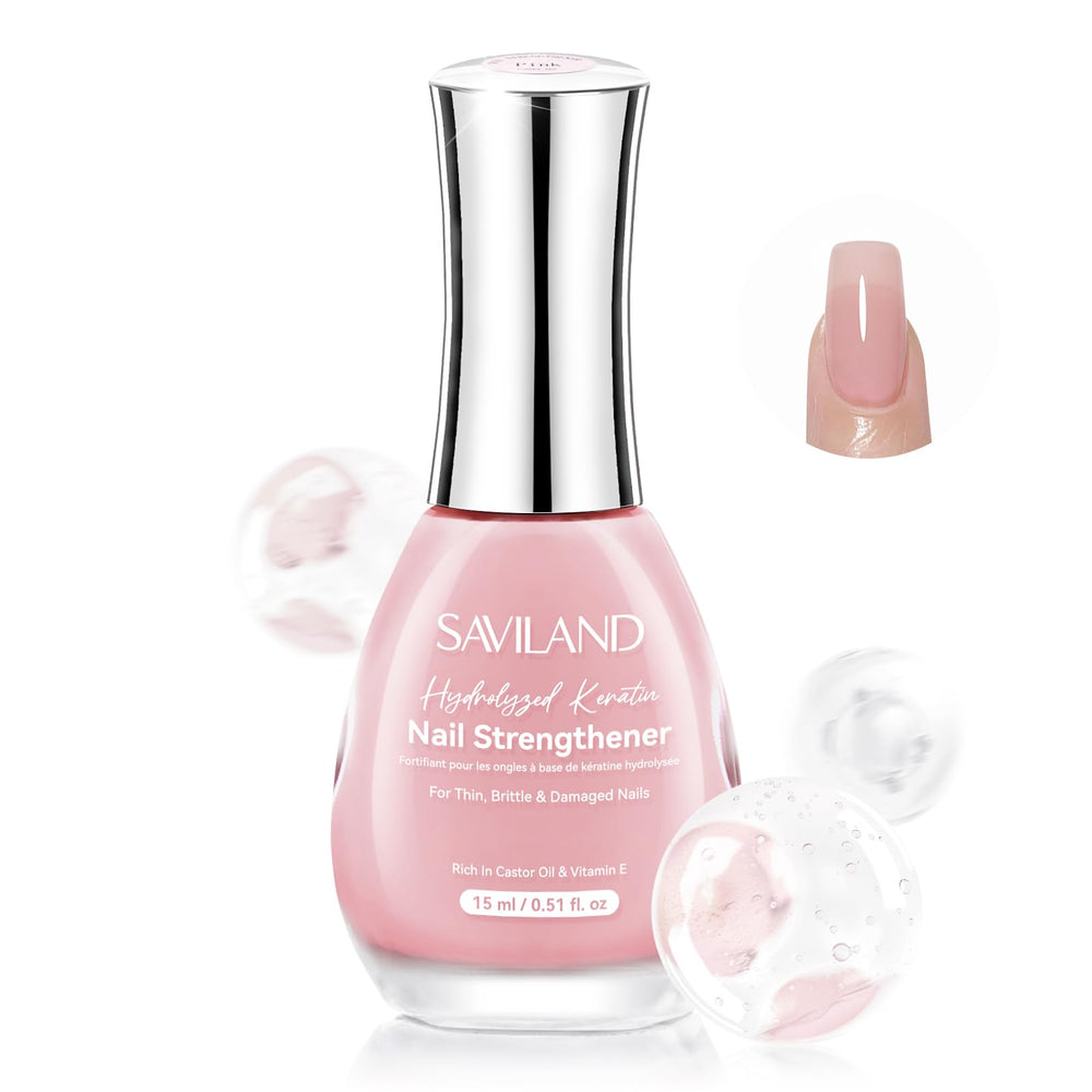 SAVILAND front bottle showing sheer pink polish and glossy finish benefit