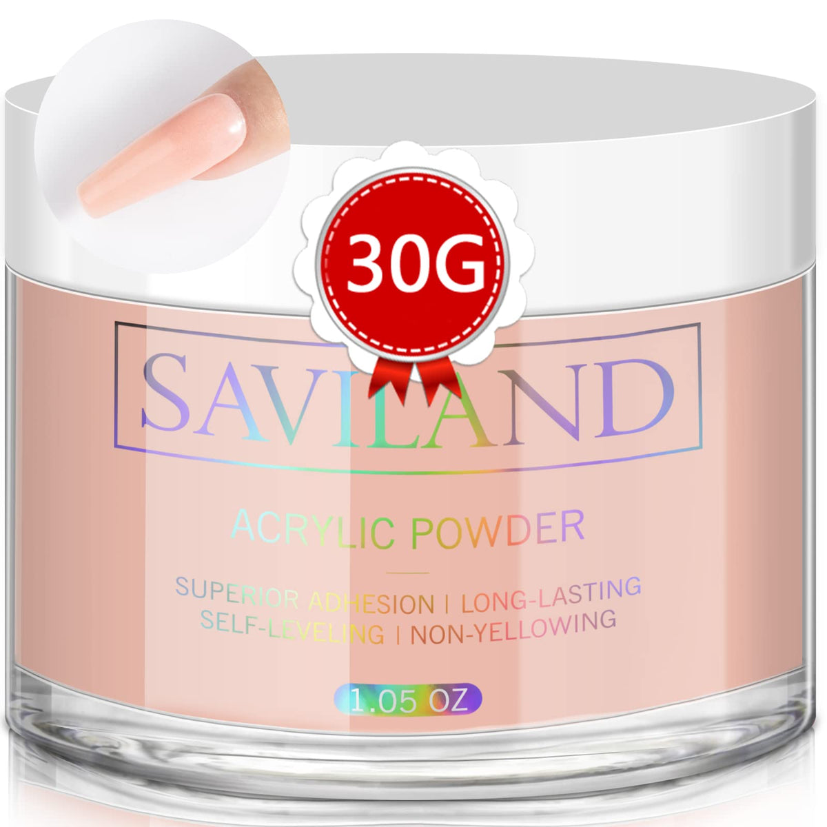 Saviland jar front view showing nude acrylic powder and clear labeling for easy selection