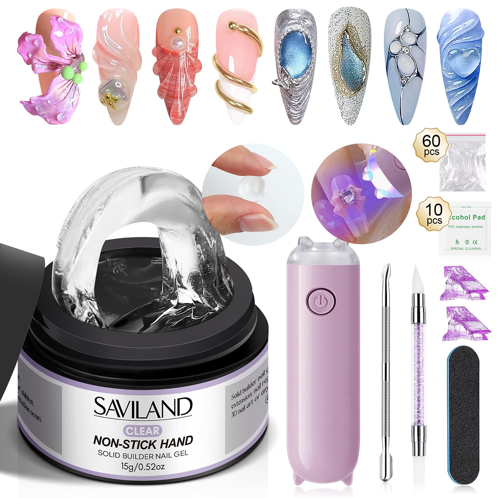 SAVILAND kit front view showing all included tools and UV lamp for ready use