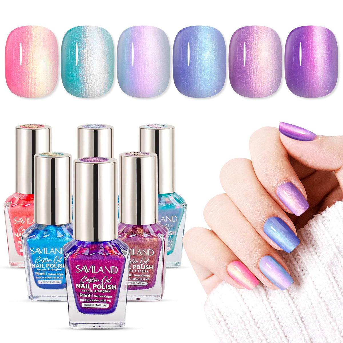 SAVILAND front packaging showing six ombre pearl nail polishes and benefit fast-dry