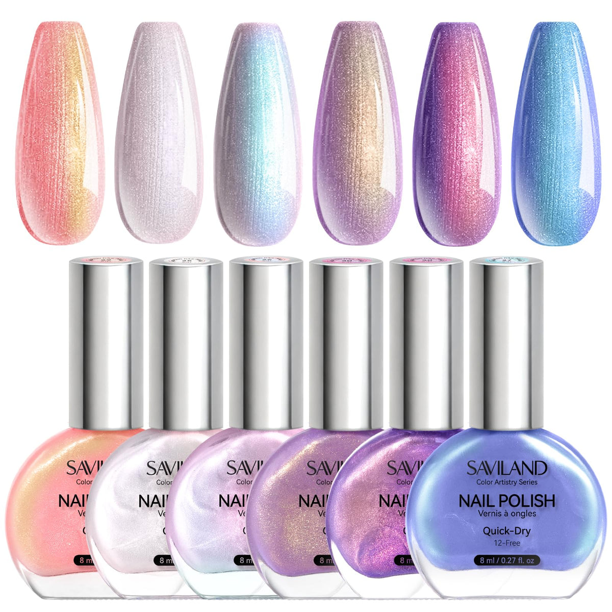 SAVILAND front packaging showing six aurora shimmer shades and quick-dry benefit