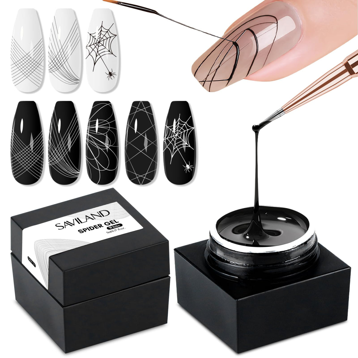 SAVILAND front packaging showing black and white spider gel benefits