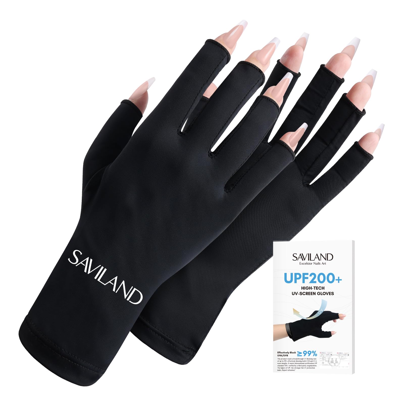 SAVILAND front packaging showing black fingerless gloves and benefits