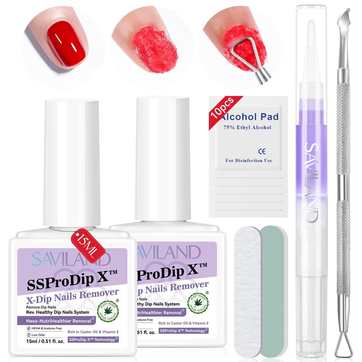 SAVILAND front packaging showing kit components and easy removal benefit