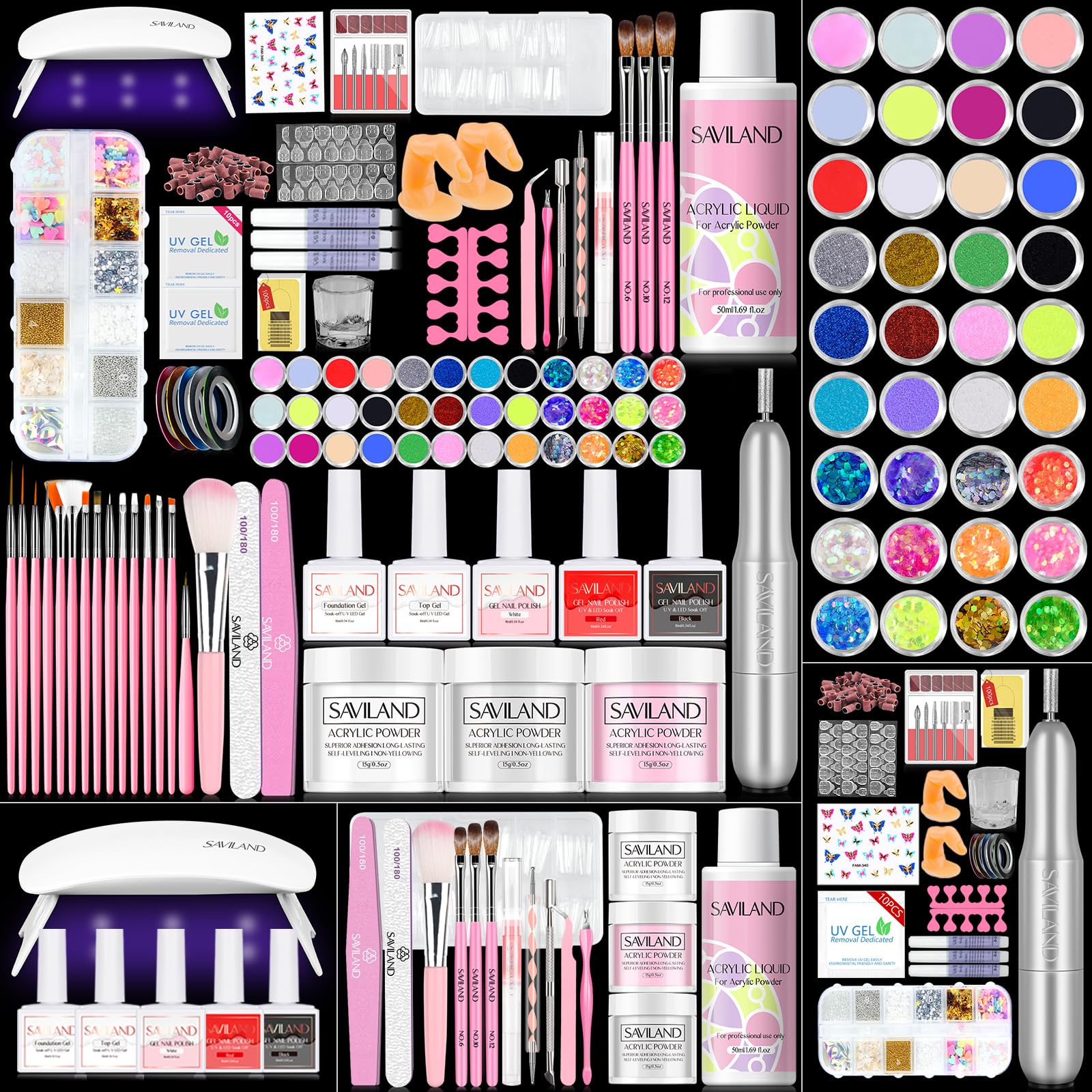 SAVILAND front packaging showing full acrylic nail kit benefits
