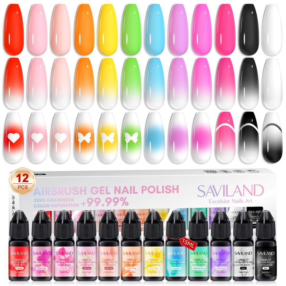 SAVILAND front packaging displaying 12 vibrant airbrush gel bottles and kit benefit